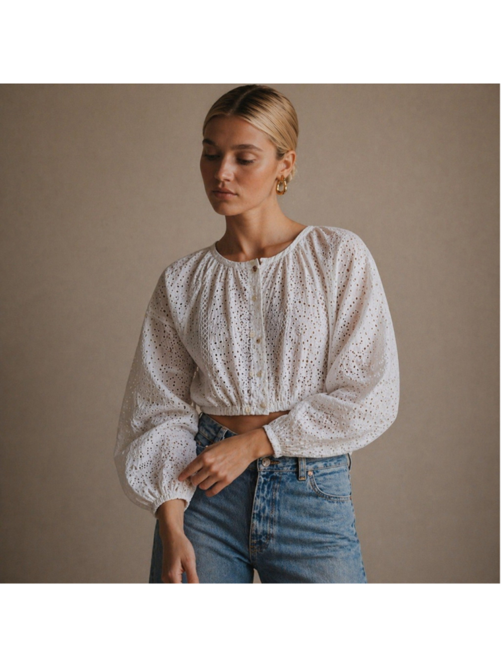 J.Crew Linen Eyelet Crop Top White Button Front Sz M